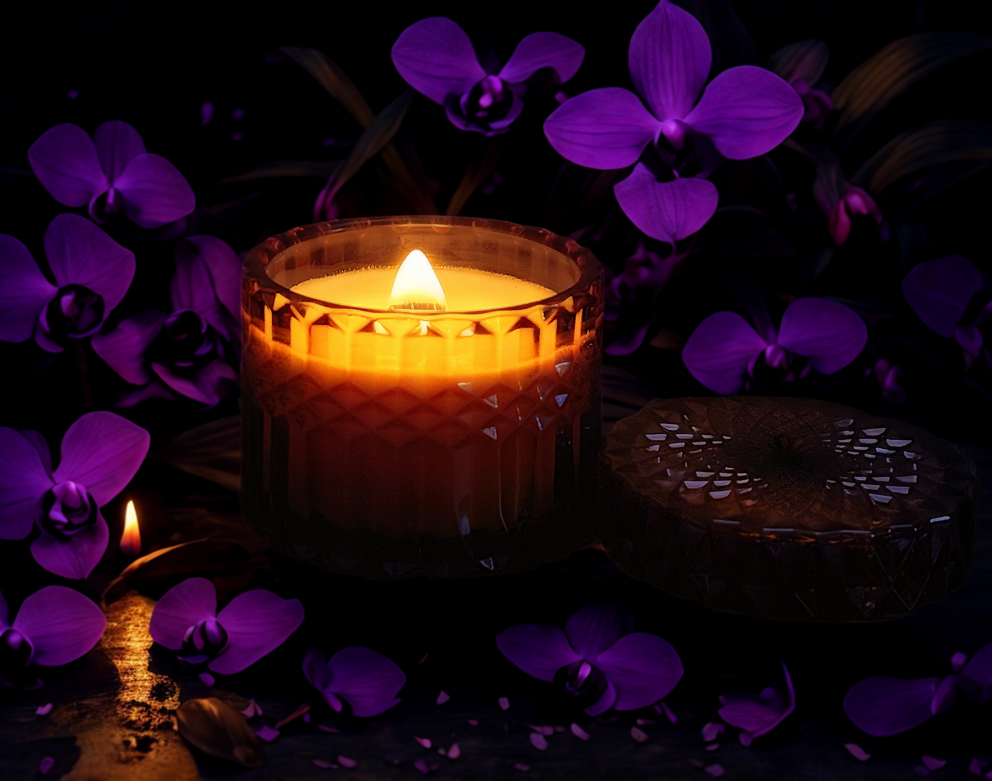 Candle with purple flowers in the dark