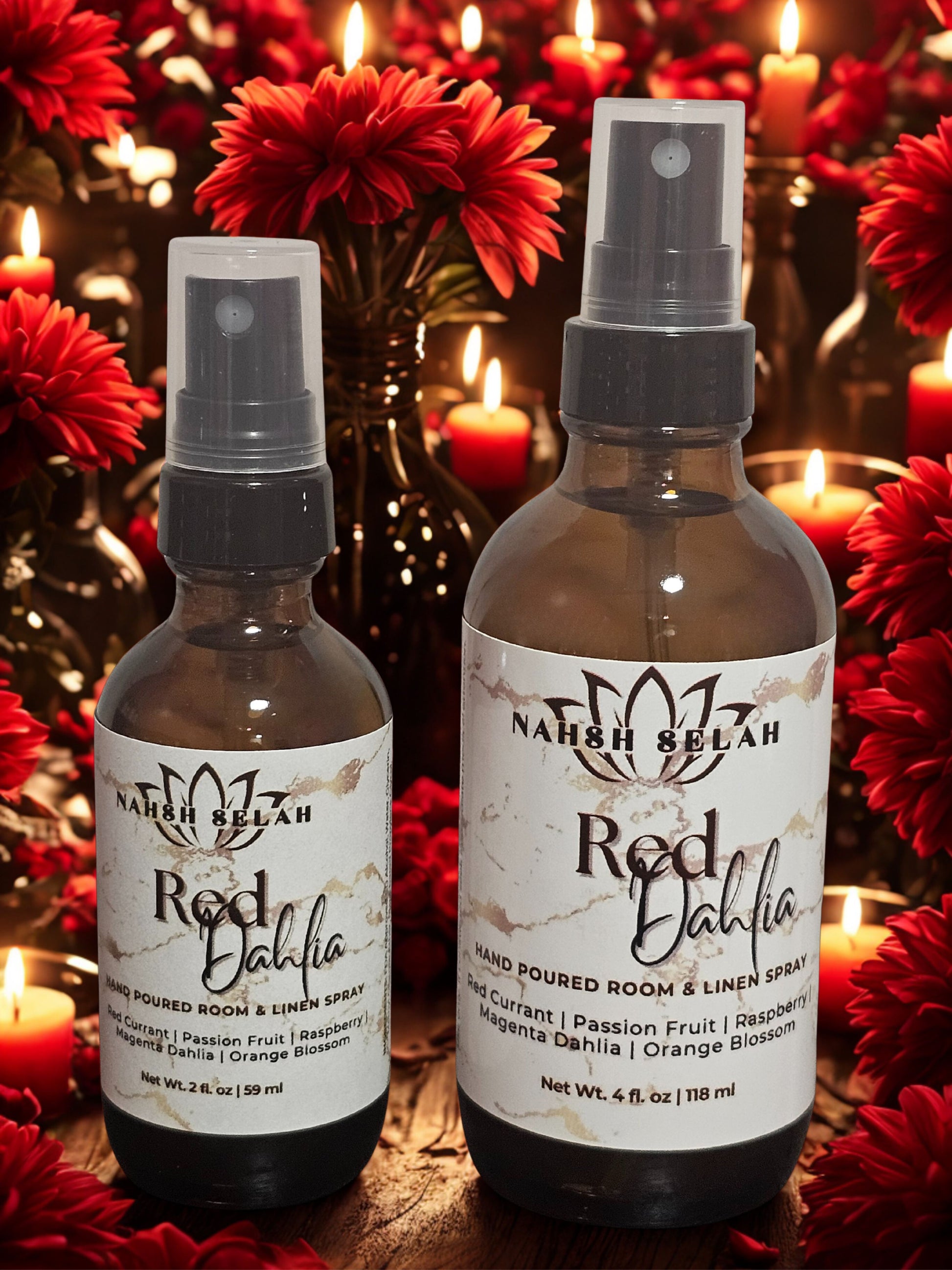 Two bottles of 'Red Dahlia' room spray with floral and candle background