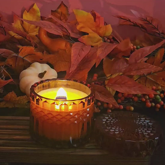 Video of Decorative brown candle burning with autumn leaves and pumpkins in the background